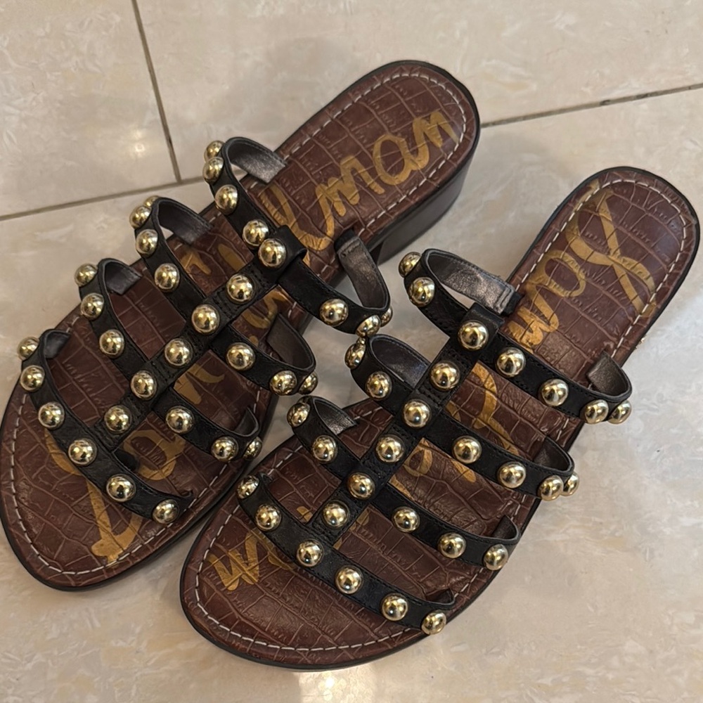 Sam Edelman Black and Gold Studded Slide Sandals